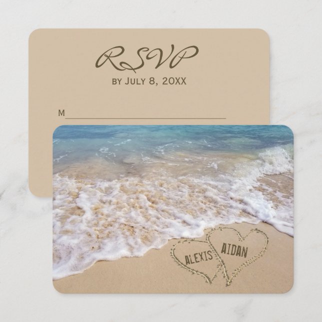 Invitación Corazones de bodas de playa RSVP (Anverso / Reverso)