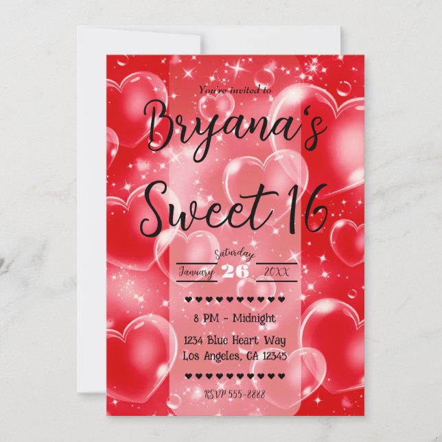 Invitación Corazones de Burbuja Roja Dulces Chicas Fiestade C (Anverso)