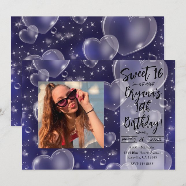 Invitación Corazones De Burbujas Azules Cumpleaños De Chica L (Anverso / Reverso)