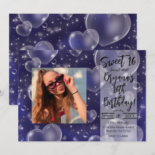 Invitación Corazones De Burbujas Azules Cumpleaños De Chica L