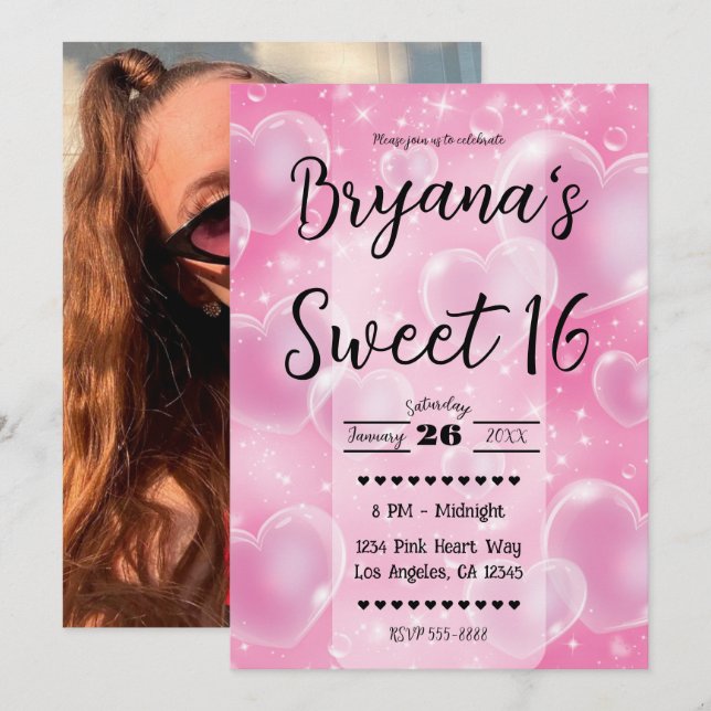 Invitación Corazones de burbujas rosas adoran fiesta de cumpl (Anverso / Reverso)