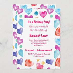 Invitación Corazones de color retro muy lindo Cumpleaños