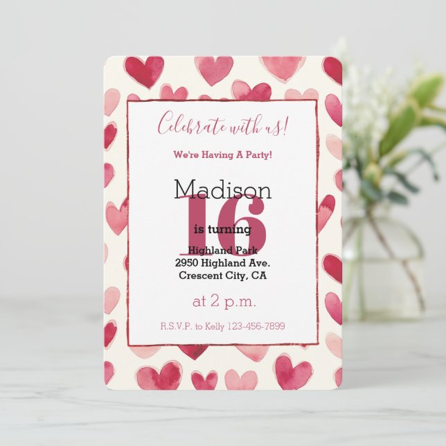 Invitación Corazones de Crema Roja Cumpleaños 16 (Anverso de pie)