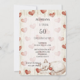 Invitación Corazones de Crema Roja Faux Wood Cat Cumpleaños