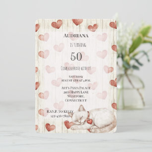 Invitación Corazones de Crema Roja Faux Wood Cat Cumpleaños
