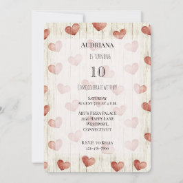 Invitación Corazones de Crema Roja Faux Wood Cumpleaños