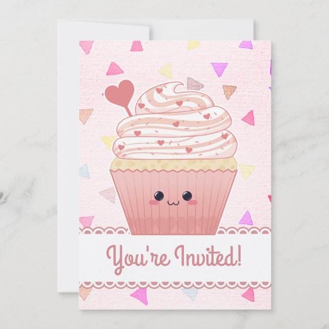 Invitación Corazones de Cupcake Kawaii rosa (Reverso)