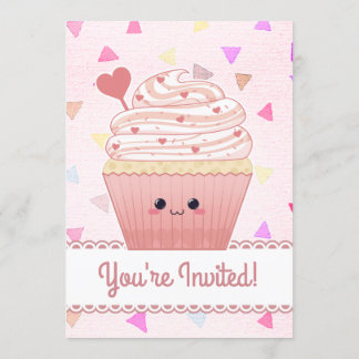 Invitación Corazones de Cupcake Kawaii rosa