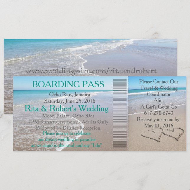 Invitación Corazones de destino de pases de boda (Anverso / Reverso)