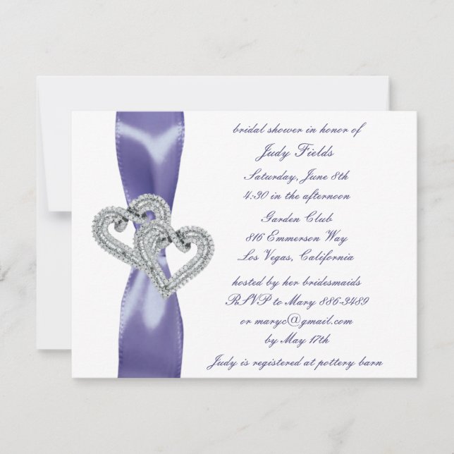 Invitación Corazones de Diamante Azul Púrpura Ducha Bridal (Anverso)