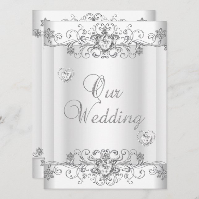 Invitación Corazones de Diamante Blanco Plata Boda (Anverso / Reverso)