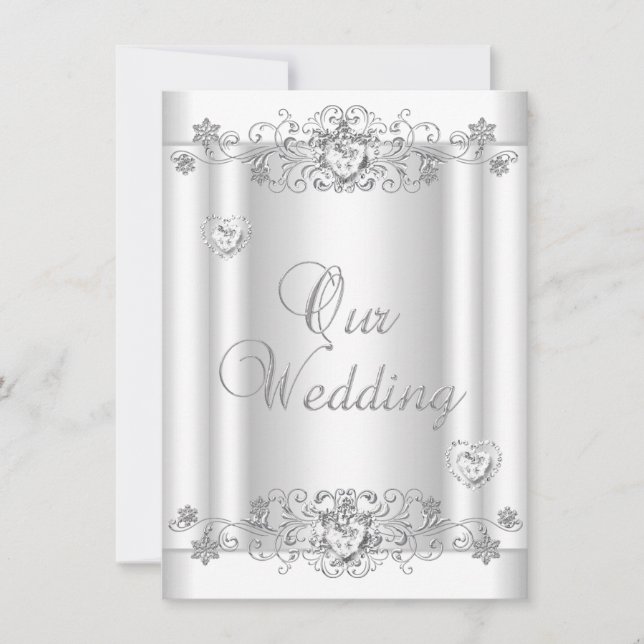 Invitación Corazones de diamante blanco plateado boda (Anverso)