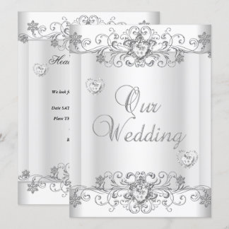Invitación Corazones de diamante blanco plateado boda