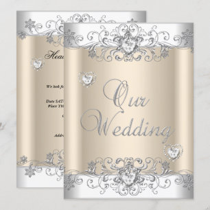 Invitación Corazones de Diamante Blanco Plateado Boda Crema