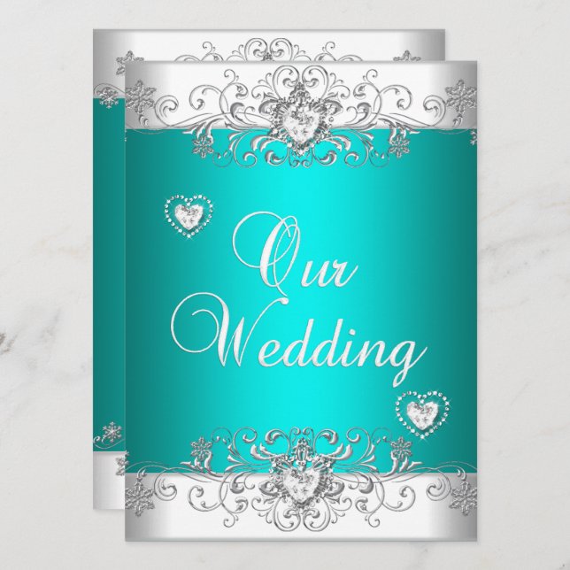 Invitación Corazones de diamante blanco plateado Boda verde a (Anverso / Reverso)