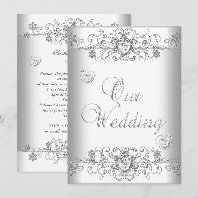 Invitación Corazones de diamante plateado Boda blanco puro (Anverso / Reverso)