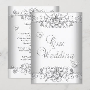 Invitación Corazones de diamante plateado Boda blanco puro