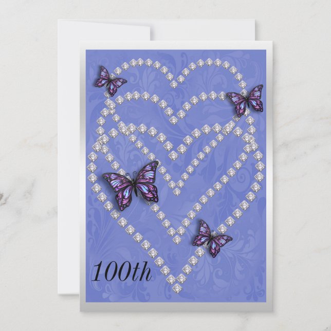 Invitación Corazones de Diamantes y Mariposas 100 cumpleaños (Anverso)