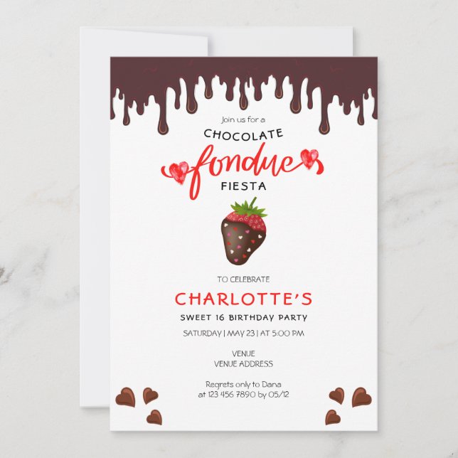 Invitación Corazones de fresa fondue de chocolate Valentine (Anverso)