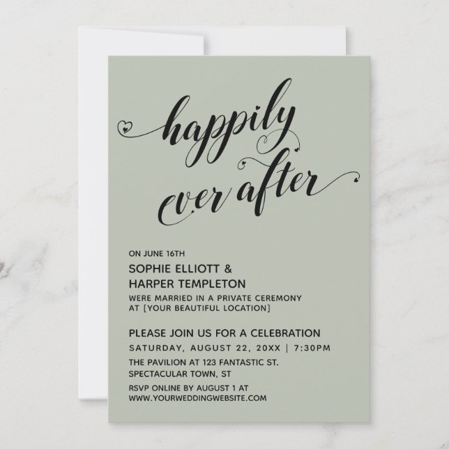Invitación Corazones de Happily Ever After Recepción Salvia (Anverso)