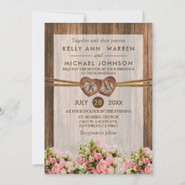 Invitación Corazones de madera monograma con rosas rosadas y 