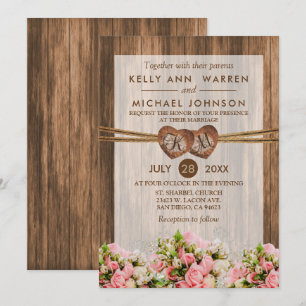 Invitación Corazones de madera monograma con rosas rosadas y 