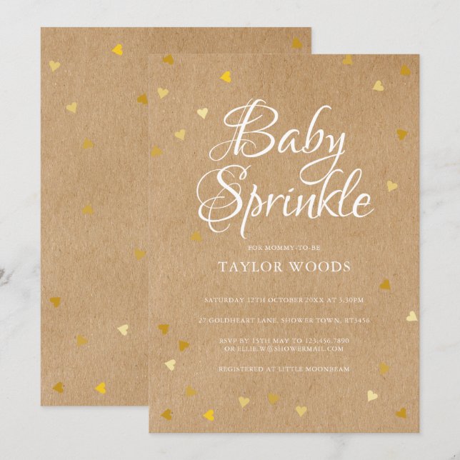 Invitación Corazones de oro Confeti Baby Sprinkle Rustico Kra (Anverso / Reverso)