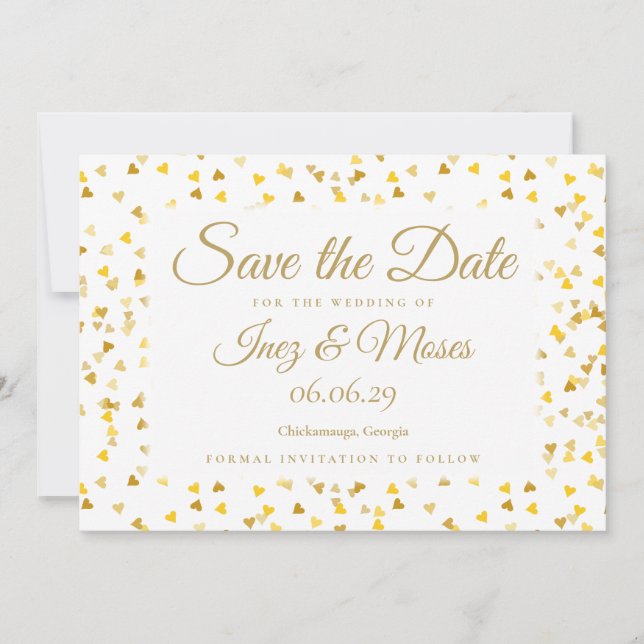 Invitación Corazones de oro Confeti Save the Date (Anverso)