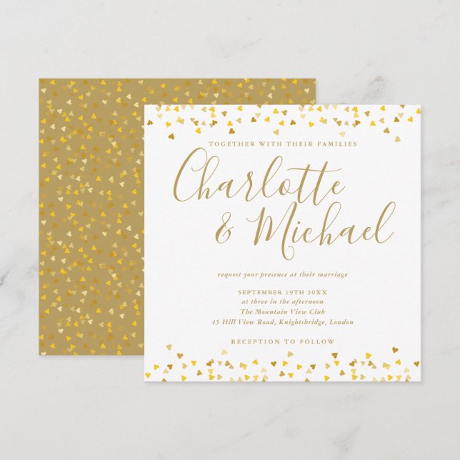 Invitación Corazones de oro Confeti Script Boda Cuadrado (Anverso / Reverso)