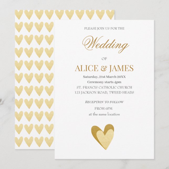 Invitación Corazones de oro de boda (Anverso / Reverso)
