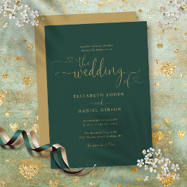 Invitación Corazones de oro esmeralda moderno con caligrafía 