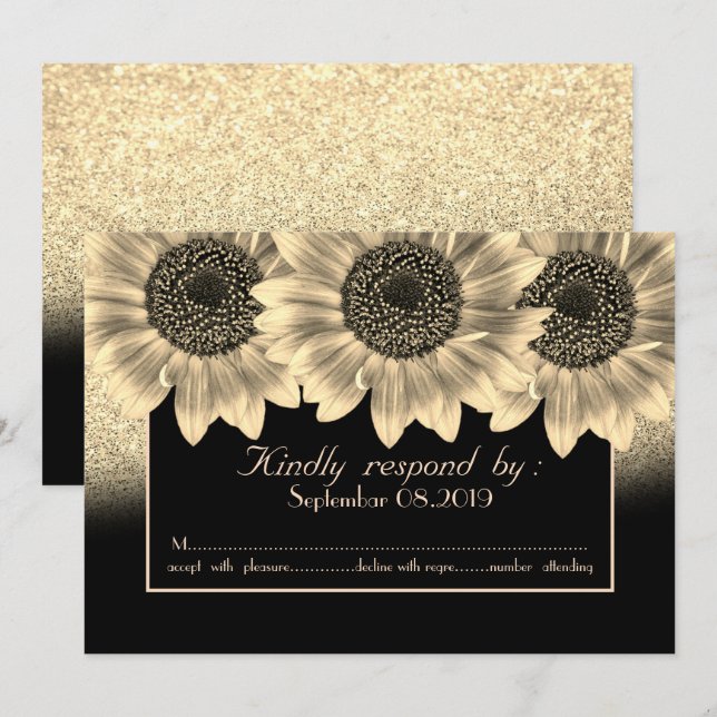 Invitación Corazones de oro, girasoles,Tarjeta RSVP Purpurina (Anverso / Reverso)