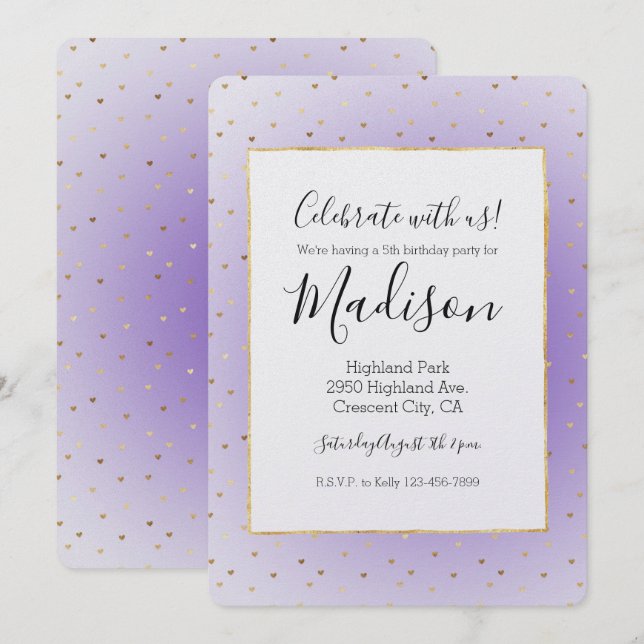 Invitación Corazones de oro morado de Ombre (Anverso / Reverso)