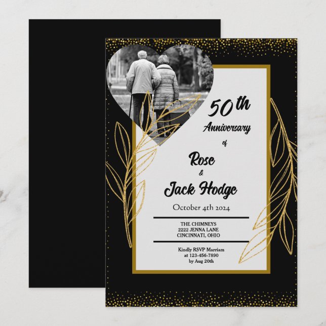 Invitación Corazones de oro negro foto 50 aniversario de Boda (Anverso / Reverso)