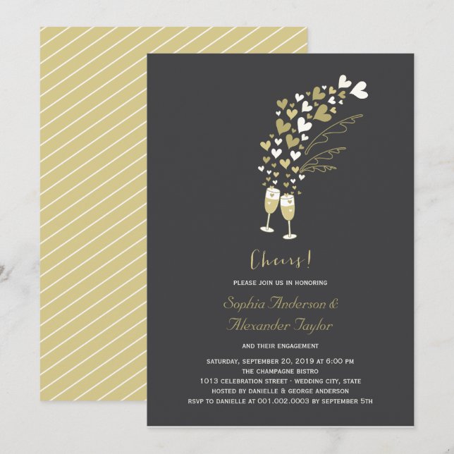 Invitación Corazones De Oro Y Fiesta De Compromiso De Champag (Anverso / Reverso)