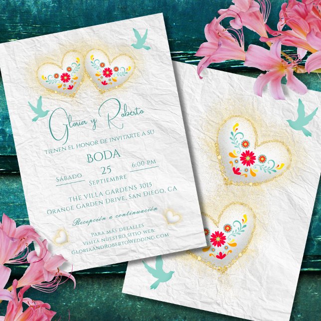 Invitación Corazones de Pastel Mexicano Flores Palomas Españo (Subido por el creador)