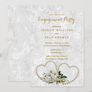 Invitación Corazones de perla y flores de damasco de compromi