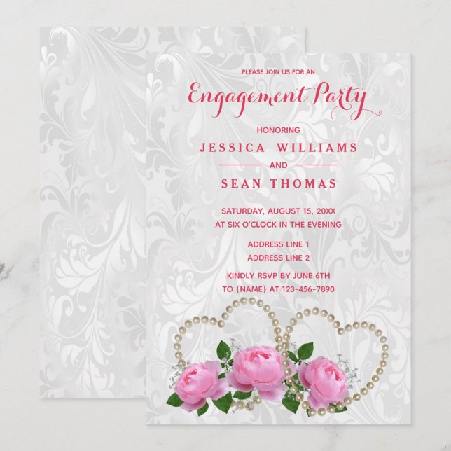 Invitación Corazones de perla y rosas Engagement Damask (Anverso / Reverso)