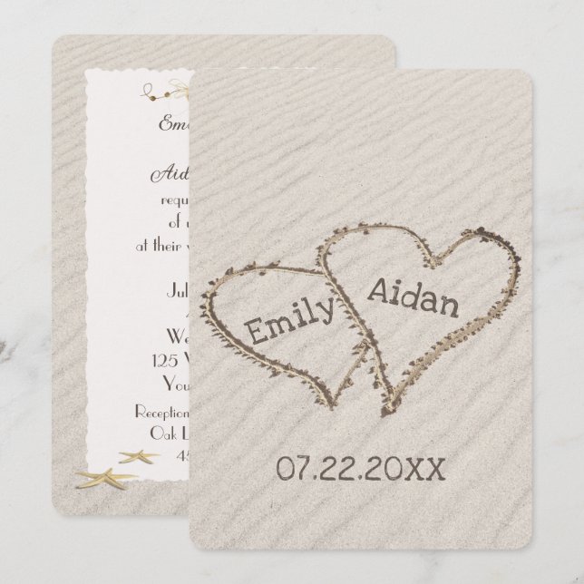 Invitación Corazones de playa boda con nombres (Anverso / Reverso)