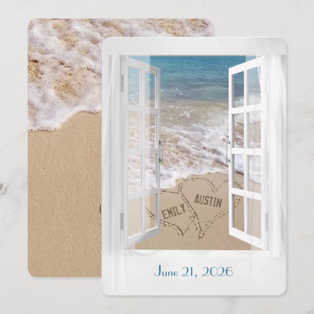 Invitación Corazones de playa boda en la ventana (Anverso / Reverso)