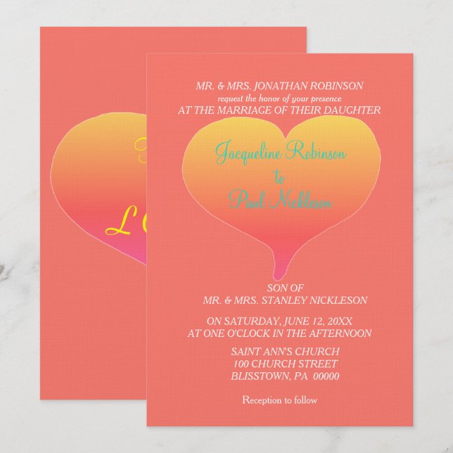 Invitación Corazones de puesta de sol de coral (Anverso / Reverso)