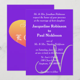 Invitación Corazones de puesta de sol Monograma de boda Viole