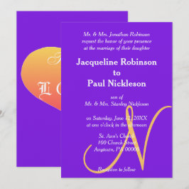 Invitación Corazones de puesta de sol Monograma dorado violet