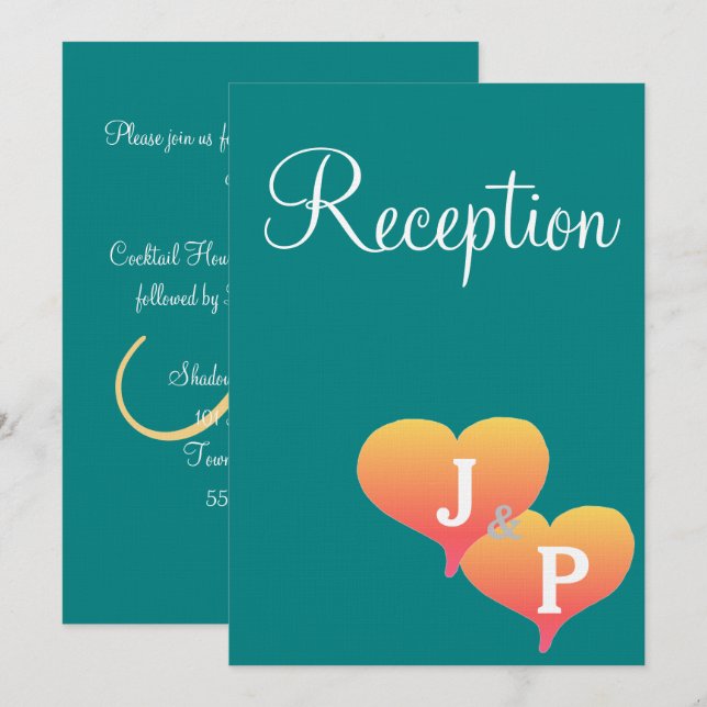 Invitación Corazones de Puesta de Sol Verde Turquesa Dorado M (Anverso / Reverso)