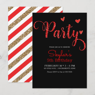 Invitación Corazones de Purpurina Roja Fiesta de Cumpleaños D