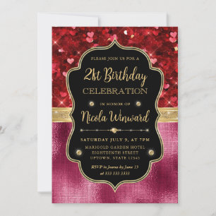 Invitación Corazones de Purpurina Rojos y Cumpleaños 21 con H
