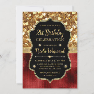 Invitación Corazones de purpurina rojos y cumpleaños 21 de pa
