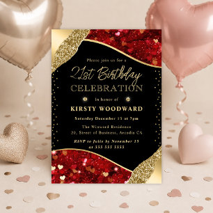 Invitación Corazones de Purpurina Rojos y Dorados Cumpleaños 