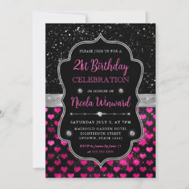 Invitación Corazones de purpurina rosa y negra Cumpleaños 21