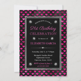 Invitación Corazones de purpurina rosa y negra Cumpleaños 21
